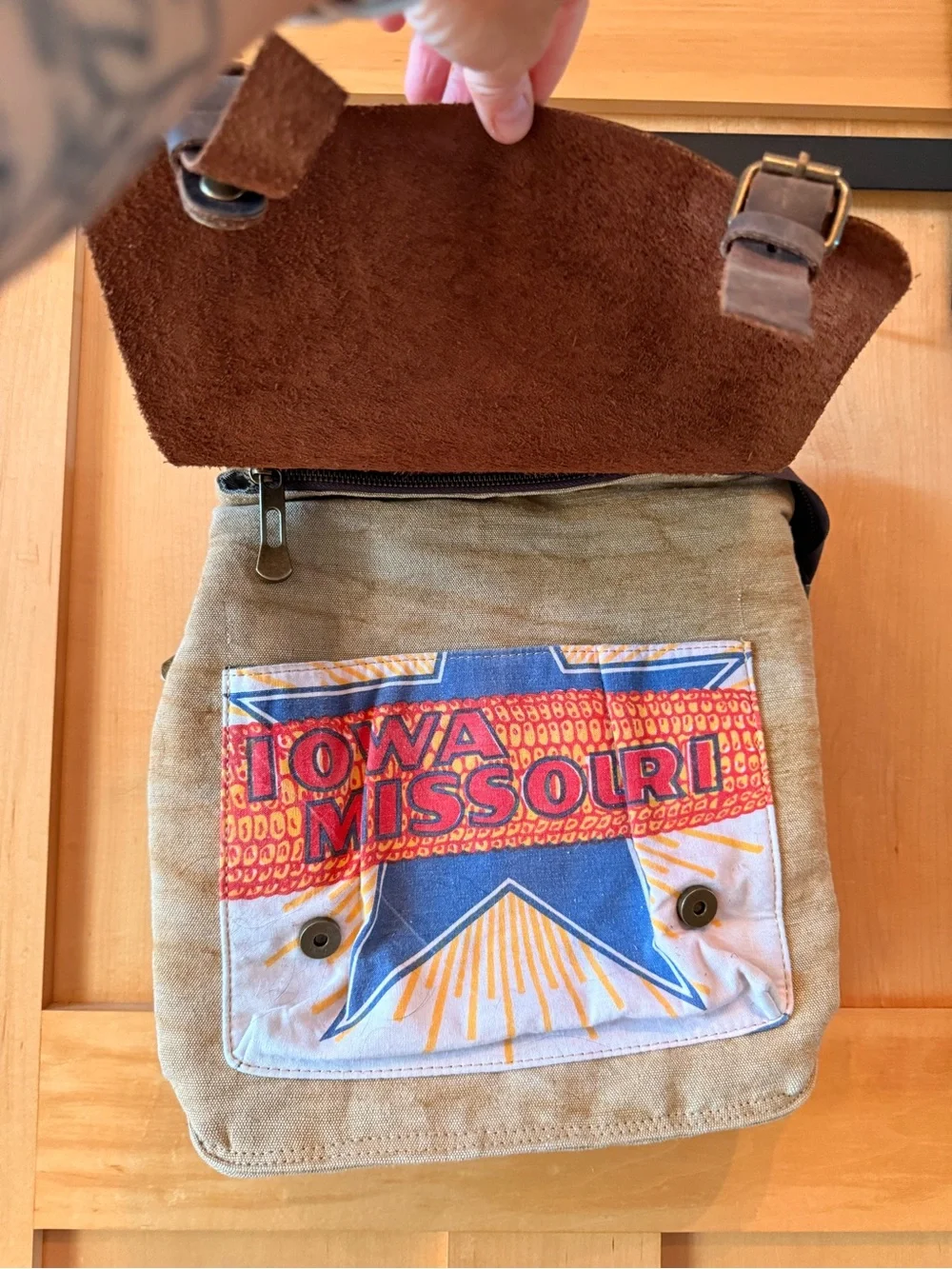 one of a kind - heavy duty Brown Leather & Tan Canvas Backpack with Blue Accent